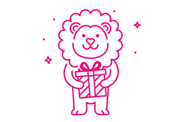 Smiling pink lion gracefully presents a gift box with ribbons on white background