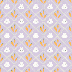 A cute white bunny seamless pattern with orange carrots. The purple background is decorated with green spiral lines for children's clothes, curtains, blankets, handkerchiefs, wrapping paper, wallpaper