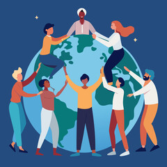 Diverse people holding hands around the globe in unity and cooperation
