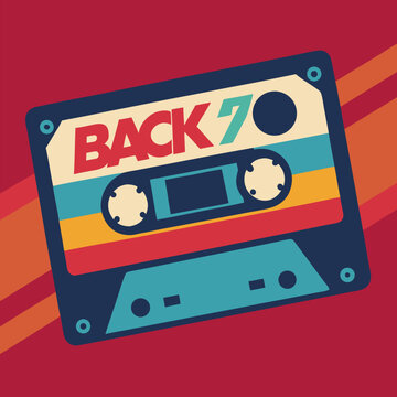 Retro cassette tape design featuring bold seventies colors and text