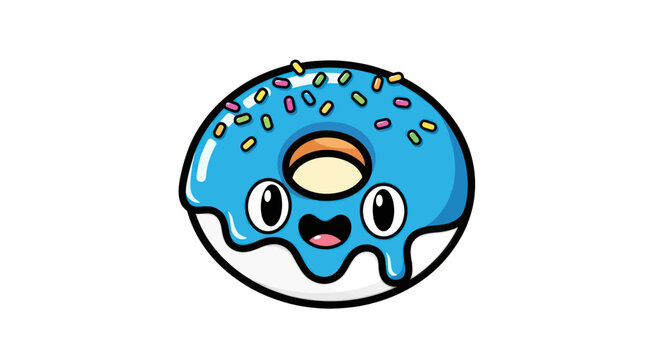 Cute Cartoon Donut with Blue Icing and Sprinkles Character.