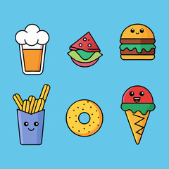 Cute kawaii food icons featuring burger fries donut ice cream and drinks