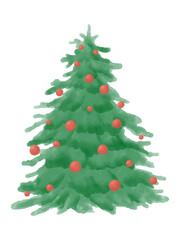 Decorated Christmas tree with red ornaments, watercolor style vector on white background. Part of a Christmas tree illustration set.