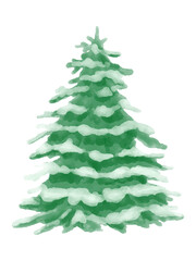 Watercolor snowy Christmas tree with soft snow-topped branches, vector on white background. Part of a Christmas tree illustration set.