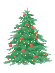 Decorated watercolor Christmas tree with red ornaments and multicolor lights. Part of a Christmas tree illustration set.