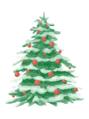 Snow covered Christmas tree with multicolor lights and ornaments, watercolor vector. Part of a Christmas tree illustration set.