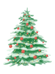 Big festive Christmas tree with colored string lights and ornaments, watercolor vector for holiday projects. Part of a Christmas tree illustration set.