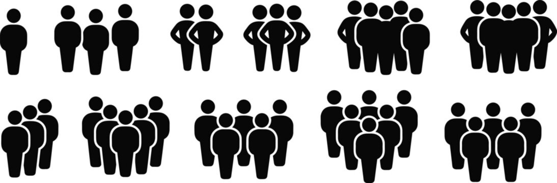 Group size progression silhouette set from one to ten people in black vector style for population and social concepts