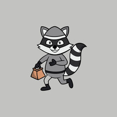 Cartoon bandit raccoon running with a bag of loot
