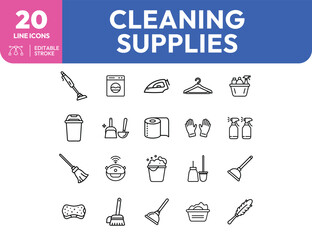 Line art icons depicting various cleaning tools and appliances for household chores