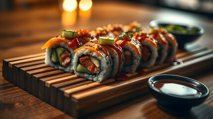 Fresh Japanese salmon sushi rolls, a gourmet seafood meal or appetizer on a white plate.	