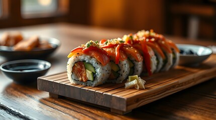 Fresh Japanese salmon sushi rolls, a gourmet seafood meal or appetizer on a white plate.	