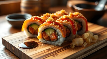 Fresh Japanese salmon sushi rolls, a gourmet seafood meal or appetizer on a white plate.	