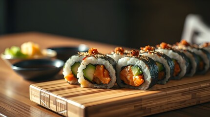 Fresh Japanese salmon sushi rolls, a gourmet seafood meal or appetizer on a white plate.	