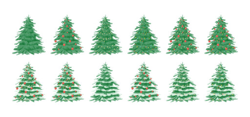 Assorted small watercolor Christmas trees collection, decorated and plain versions on white background. Part of a Christmas tree illustration set.