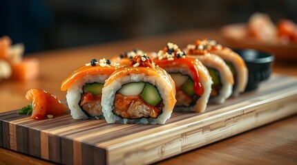 Fresh Japanese salmon sushi rolls, a gourmet seafood meal or appetizer on a white plate.	