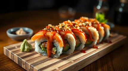 Fresh Japanese salmon sushi rolls, a gourmet seafood meal or appetizer on a white plate.	
