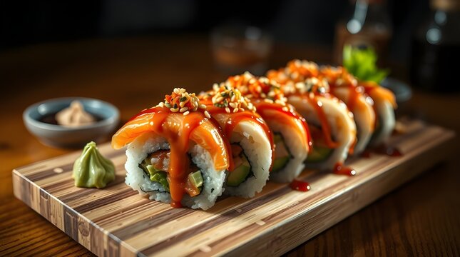 Fresh Japanese salmon sushi rolls, a gourmet seafood meal or appetizer on a white plate.	