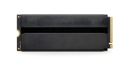 A close up shot of a black solid state drive with gold connectors on a white background surface view