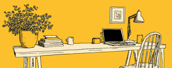 A yellow background with a desk and a chair. A laptop is on the desk. A potted plant is on the desk