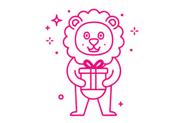 Pink outline lion mascot proudly holds gift box amid sparkling dots and plus signs