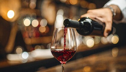 A sommelier elegantly pouring rich red wine from a bottle into crystal wine glasses, captured in a moody indoor atmosphere.