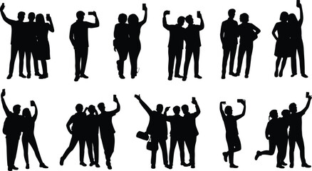 Selfie silhouette illustration set with diverse people posing, jumping, and holding smartphones in black vector style