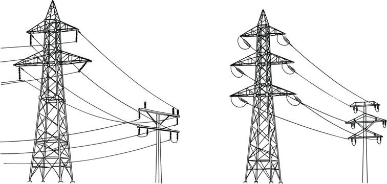 Electrical transmission towers vector, high voltage pylons illustration, power line infrastructure, energy distribution system, lattice steel structure, utility poles with insulators artwork