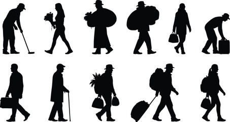 Fototapeta premium Silhouette set of people carrying bouquets, bags, suitcases, and metal detectors in black vector lifestyle style