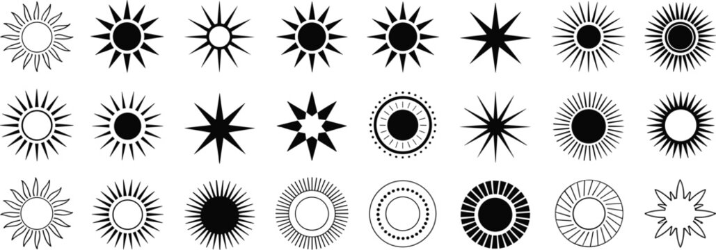 Stylized sun icon set with circular centers, geometric rays, dotted outlines, and artistic solar designs in black vector style