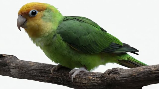 A small parrot with a yellow-orange head and green body perches on a wooden branch against a white background