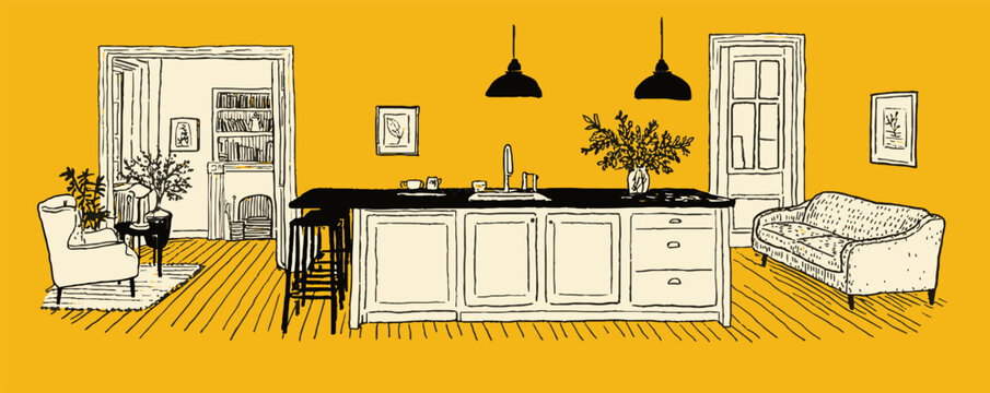 A cartoon drawing of a kitchen and living room with a yellow background. The kitchen has a counter and a sink, and the living room has a couch