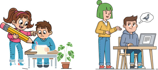 Cartoon children studying, girl helping boy with homework, tutoring illustration, kids learning together, school project teamwork, online research, vector education concept, classroom support