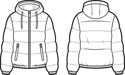Technical flat sketch of puffer jacket with hood, zipper, ribbed cuffs, hem, and pockets in black vector style © Kseniia Dizdar