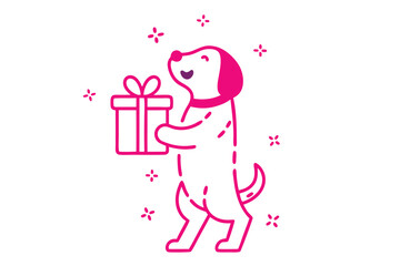 Outlined puppy carries a gift box surrounded by sparkle on a bright white background