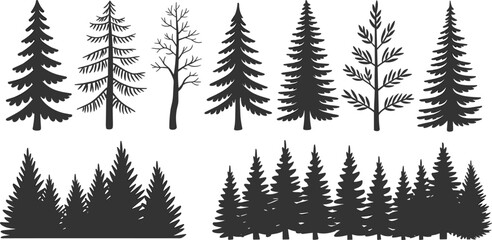 Obraz premium Tree silhouette illustration set with coniferous and deciduous forest scenes in black vector style