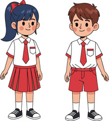 Cartoon school children illustration, boy and girl in uniform, happy kids standing together, education concept, childhood learning, friendship, classroom, academic life