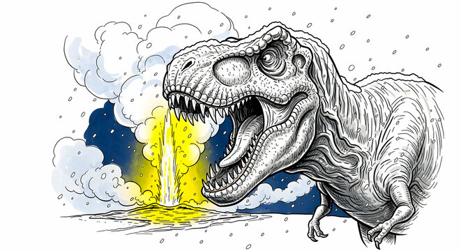 Tyrannosaurus Rex Roaring Amidst Volcanic Eruption and Snow