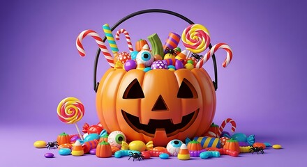 Halloween Pumpkin Bucket Overflowing with Colorful Candies and Lollipops candy sweets