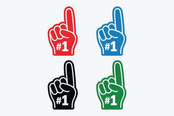 Obraz premium fan foam hands number one set, vector illustration of sports fan finger gloves with #1 sign, featuring red, blue, green, and black icons for game support, cheering energy, and winner champion themes.