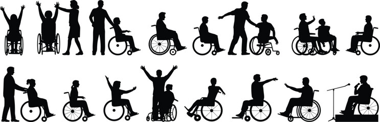Wheelchair interaction silhouette set with diverse inclusive poses, gestures, and assistive scenarios in black vector style
