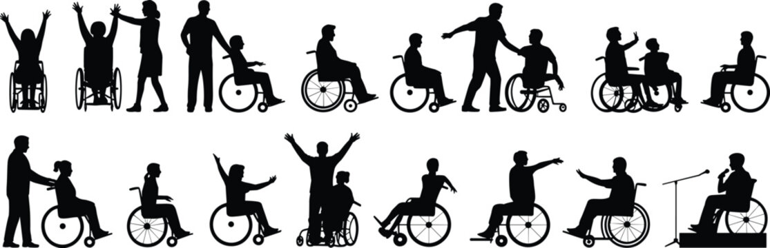 Wheelchair interaction silhouette set with diverse inclusive poses, gestures, and assistive scenarios in black vector style