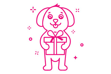 Smiling pink outline dog holds a gift box and looks happy on white