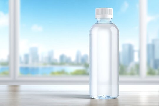 Refreshing Hydration - A Clear Water Bottle Against a Cityscape Backdrop.