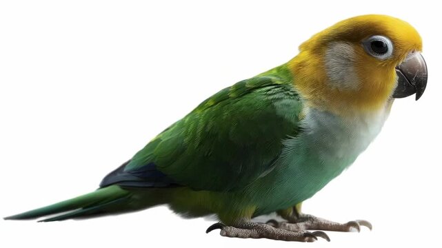 A small parrot with a yellow head green back and pale chest stands in profile against a white background