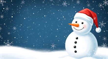 Cheerful snowman in red santa hat, falling snow, festive winter season