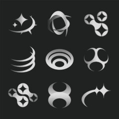 Set with different halftone Y2k elements for design. Trendy geometric brutalism forms, memphis elements. Simple shapes forms, symbols and frames y2k style.