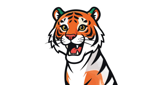 Close up cartoon tiger face with open mouth and expressive eyes.