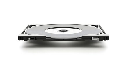 A close up view of a hard drive disk with a silver platter and black frame on a white background