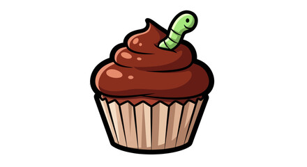 Chocolate cupcake with a green worm on top illustration.